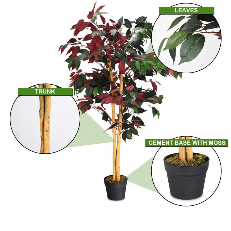 COSTWAY Fake Artificial Greenery Plants in Pots Decorative Home, Office, Lobby (4Ft Ficus Tree), Green & Red - Image 4